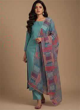 Sea Green Viscose Printed Straight Pant Suit