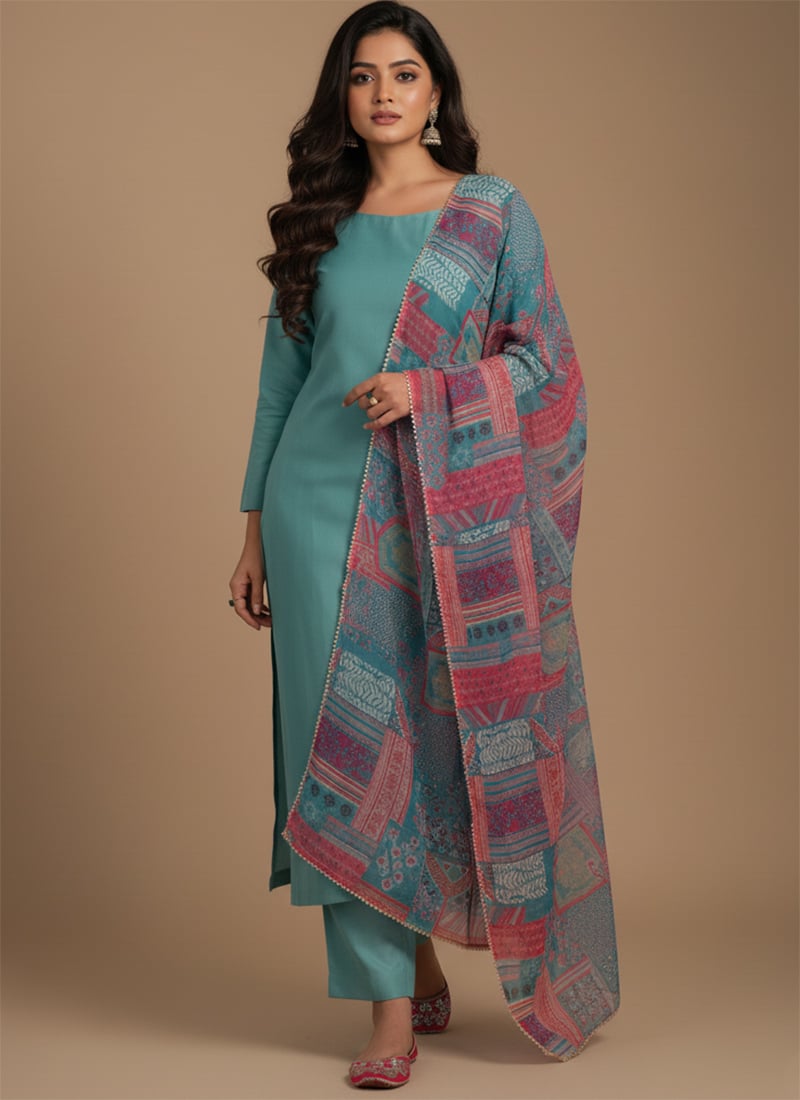 Sea Green Viscose Printed Straight Pant Suit After Six Wear