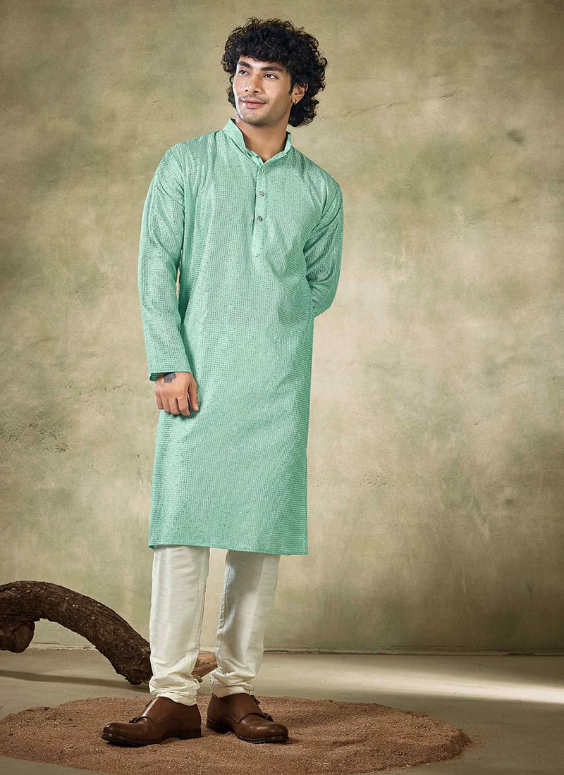 Sea Green Viscose Sequins Kurta Pyjama Festive Wear