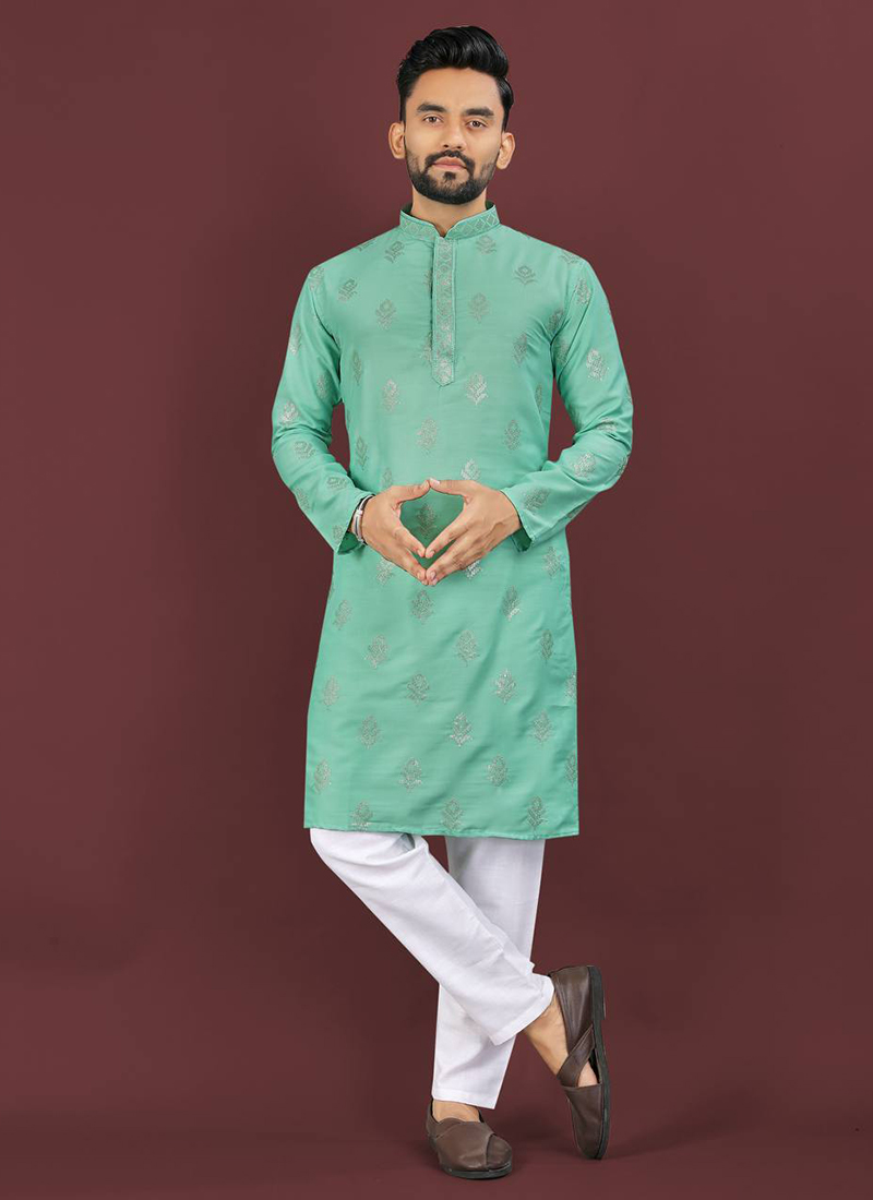 Sea Green Viscose Silk Kurta Pyjama Set Designed With Embroidery And Sequins Festive Wear