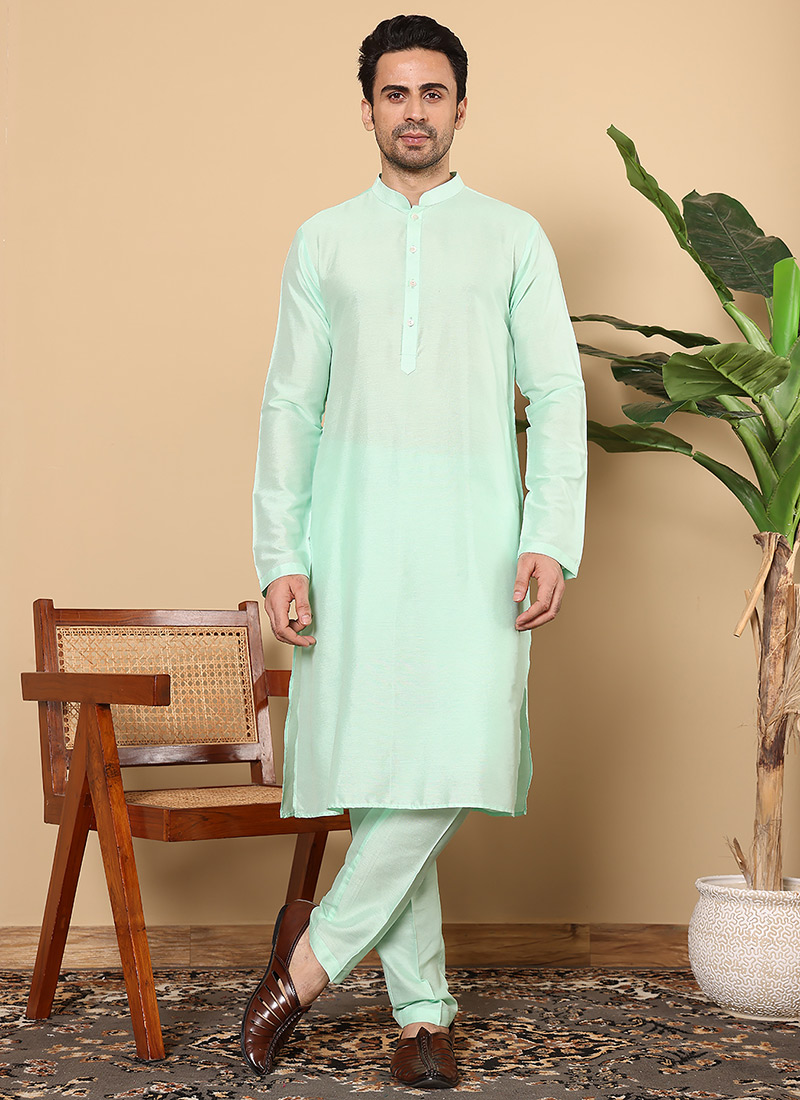 Sea Green Viscose Silk Solid Kurta For Men
