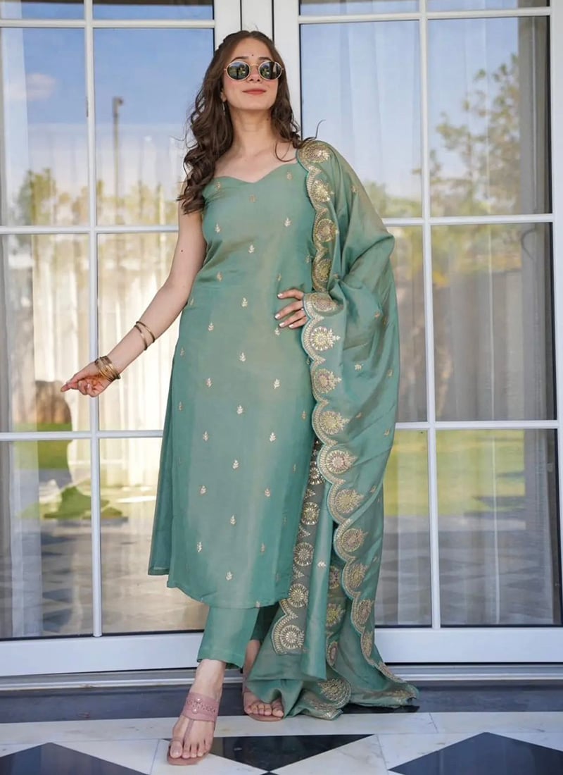 Sea Green Viscose Zari Chanderi Embroidered Sequins Straight Pant Suit Festive Wear