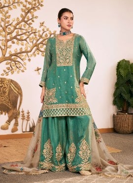 Sea Green Zari Sequins Embroidered Silk Palazzo Suit