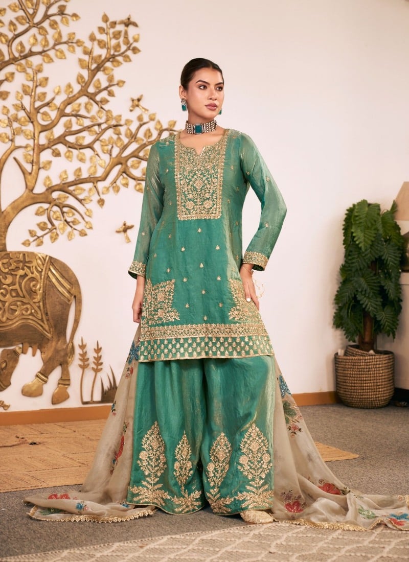 Sea Green Zari Sequins Embroidered Silk Palazzo Suit Festive Wear