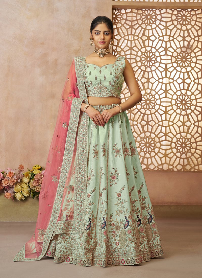 Sea Green Zari Silk Embroidered Sequins With Stone Work Lehenga