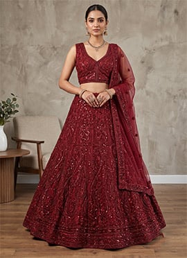 Sequin Hand Embroidered Net Lehenga in Maroon
