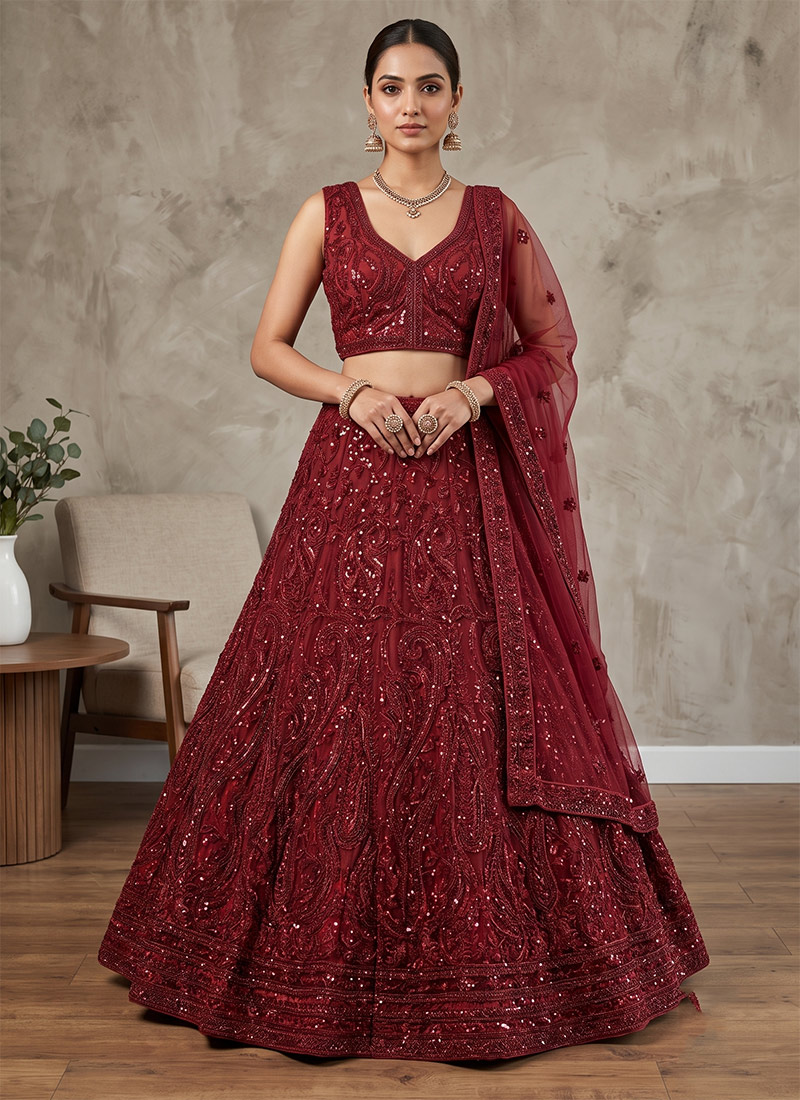 Sequin Hand Embroidered Net Lehenga in Maroon After Six Wear