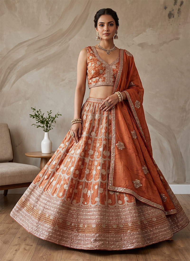 Sequins Jacquard Silk Lehenga In Rust After Six Wear