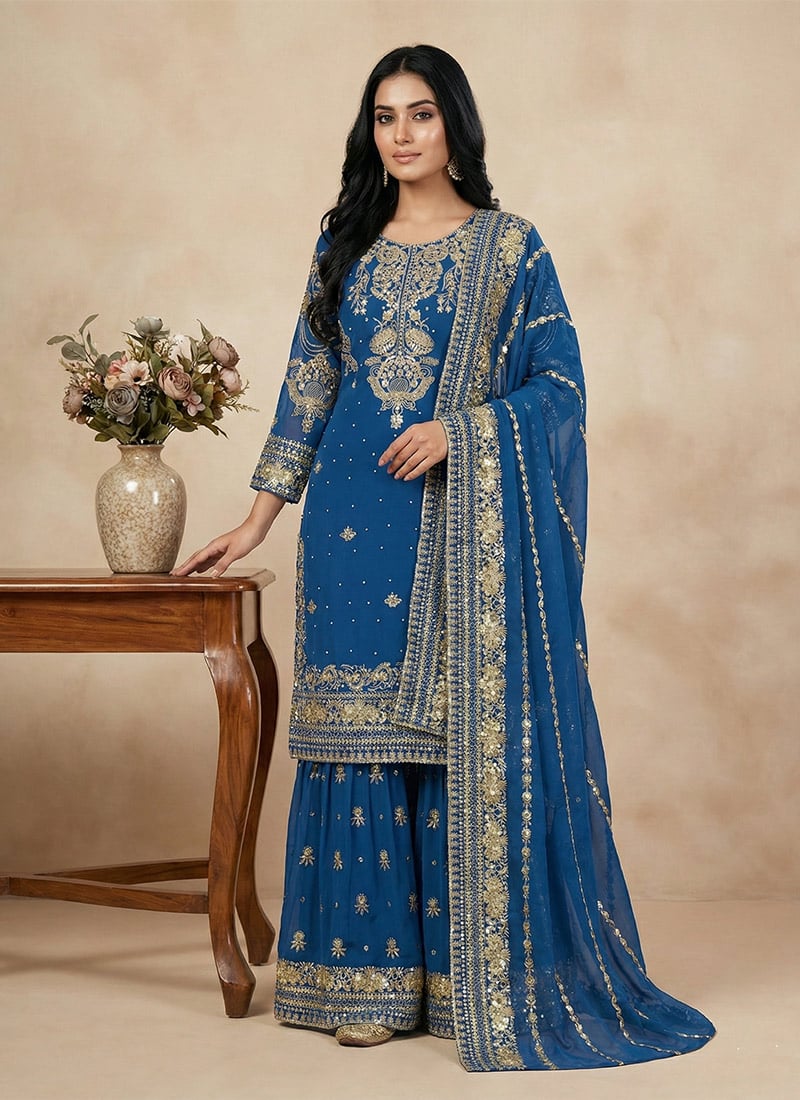 Serene Blue Chinon Embroidered Sequins Sharara Suit Festive Wear