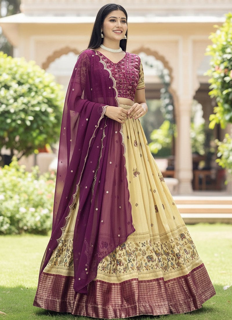 Serene Cream Polyester Silk Kalamkari Print Embroidered Sequins Umbrella Lehenga Festive Wear