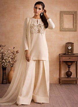 Serene Cream Silk Resham Beads Hand Embroidered Salwar Suit