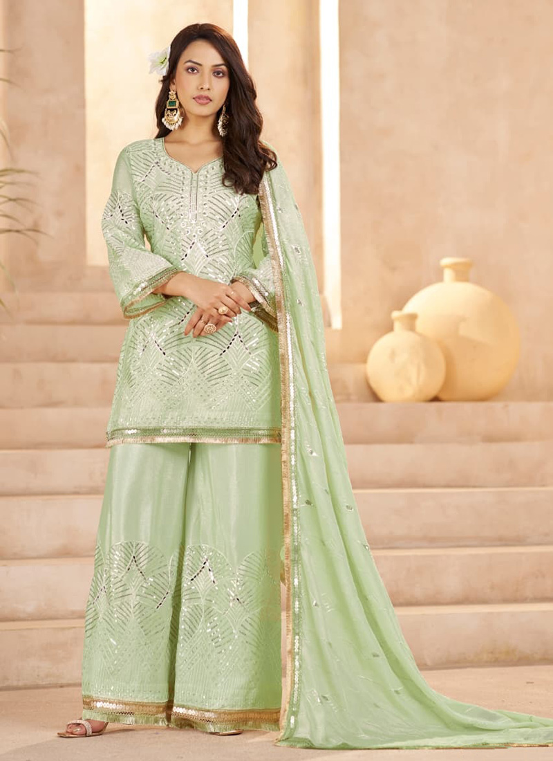 Serene Pista Green Chinon Embroidered Sequins Mirror Work Palazzo Suit Festive Wear