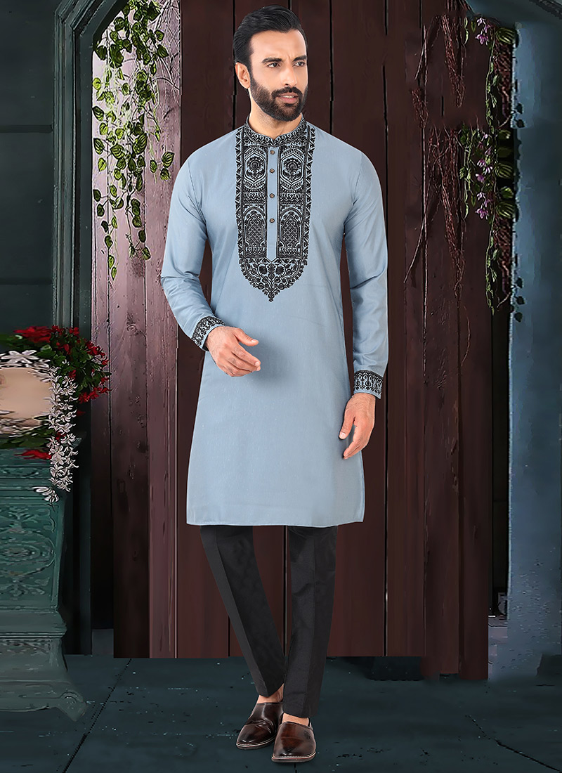 Serene Powder Blue Rayon Embroidered Thread Kurta Pyjama   Festive Wear