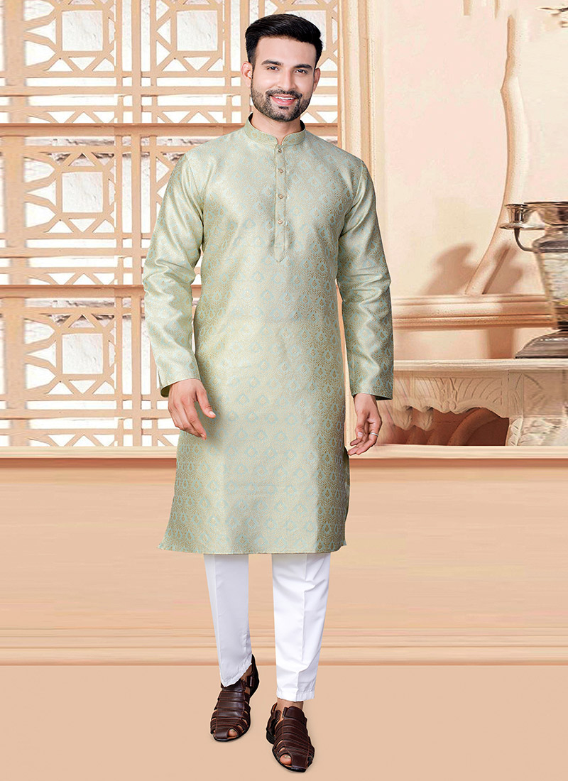 Serene Sea Green Jacquard Silk Thread Kurta Pyjama Festive Wear