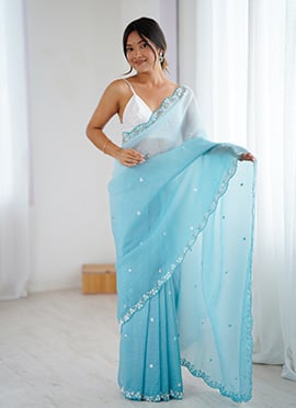 Serene Sky Blue Chiffon Crush Sequins Beads Cut Work Cutdana Saree