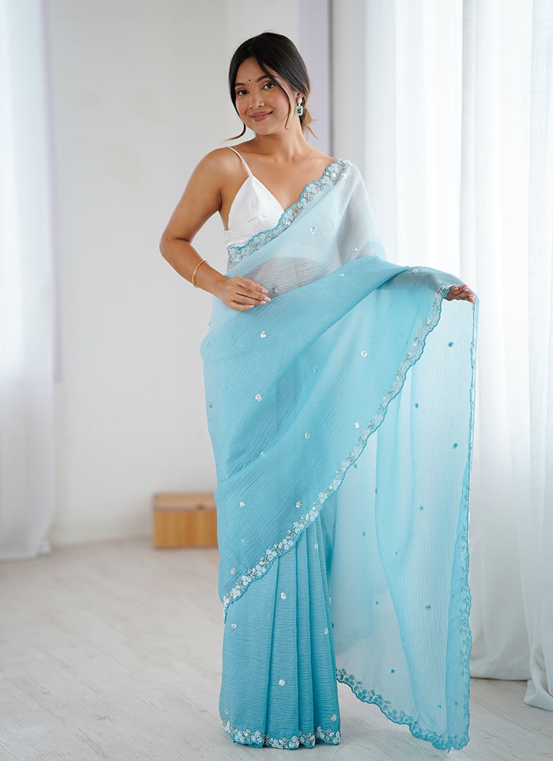 Serene Sky Blue Chiffon Crush Sequins Beads Cut Work Cutdana Saree After Six Wear