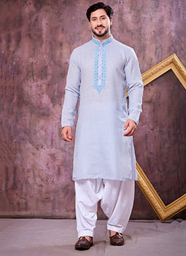 Serene Sky Blue Linen Cotton Embroidered Kurta Pyjama