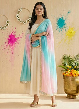Serene Sky Blue Organza Digital Print Zari Lace Border Dupatta