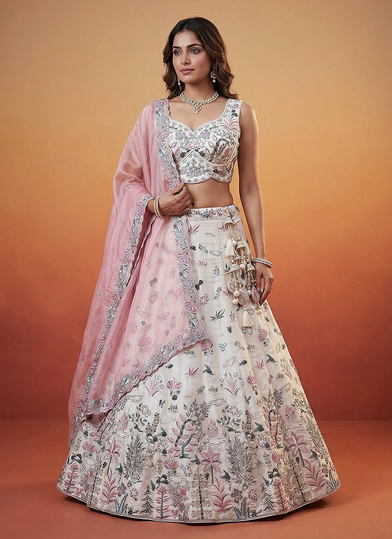 Serene White Organza Embroidered Umbrella Lehenga Wedding Wear