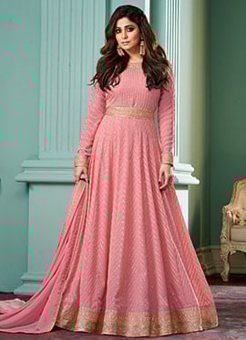 Shamita Shetty Anarkali Gown In Pink Georgette Embroidered Sequins Dupatta