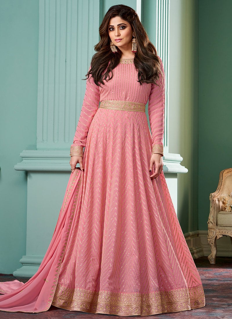 Shamita Shetty Anarkali Gown In Pink Georgette Embroidered Sequins Dupatta Party Wear
