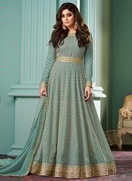 Shamita Shetty Anarkali Gown In Sea Green Georgette Embroidered Sequins
