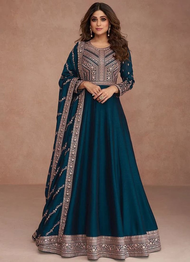 Shamita Shetty Blue Vichitra Silk Zari Embroidered  A Line Anarkali Suit Festive Wear