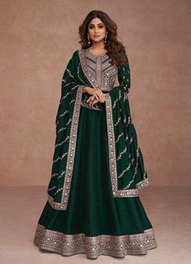 Shamita Shetty Green Vichitra Silk Zari Embroidered  A Line Anarkali Suit
