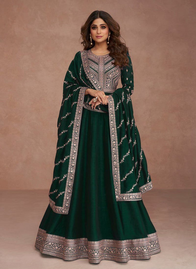 Shamita Shetty Green Vichitra Silk Zari Embroidered  A Line Anarkali Suit Festive Wear