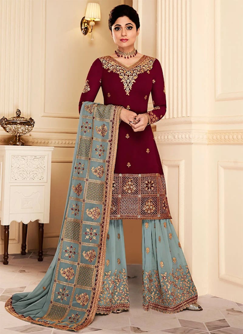 Shamita Shetty Maroon Embroidered Sharara Suit Party Wear