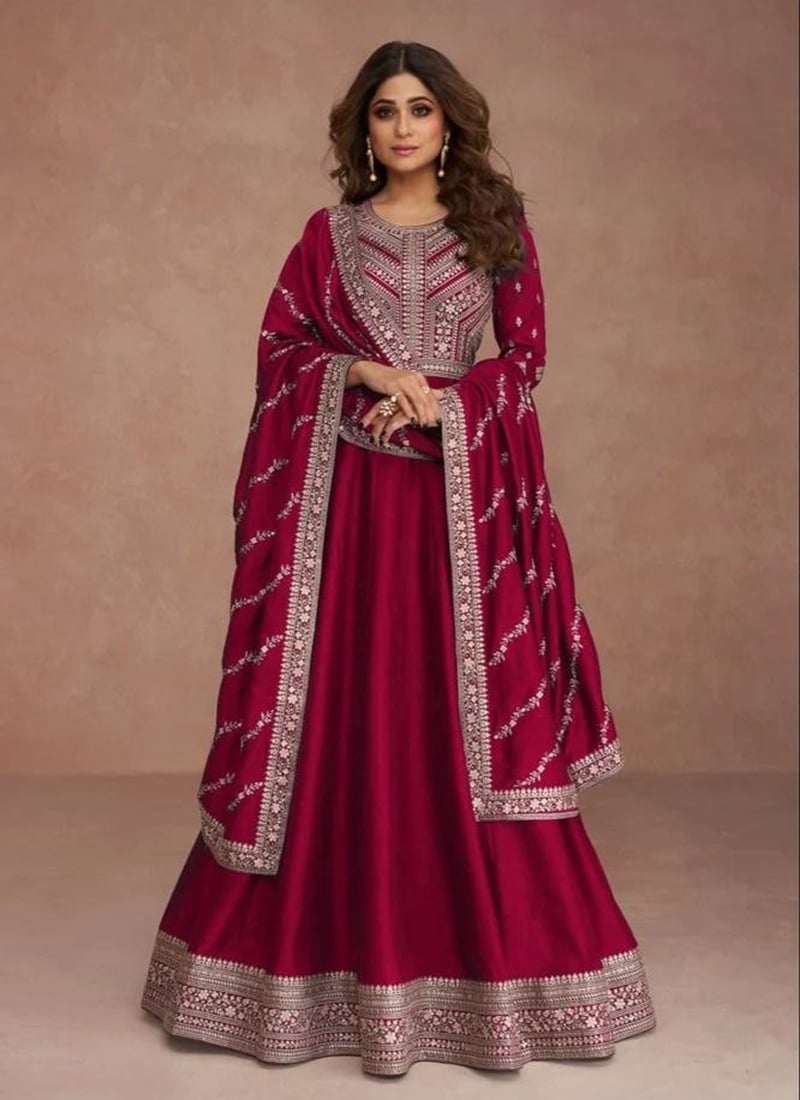 Shamita Shetty Maroon Vichitra Silk Zari Embroidered A Line Anarkali Suit Festive Wear