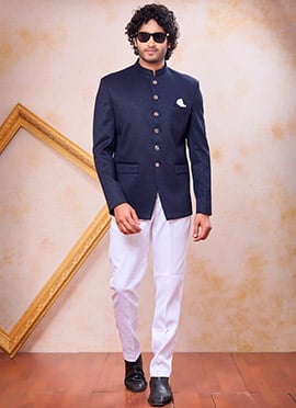 Sharp Blue Jacquard Silk Bandhgala Jacket
