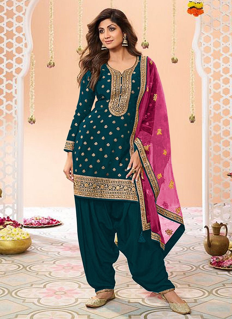 Shilpa Shetty Blue Jacquard Silk Embroidered Sequins Salwar Suit Festive Wear