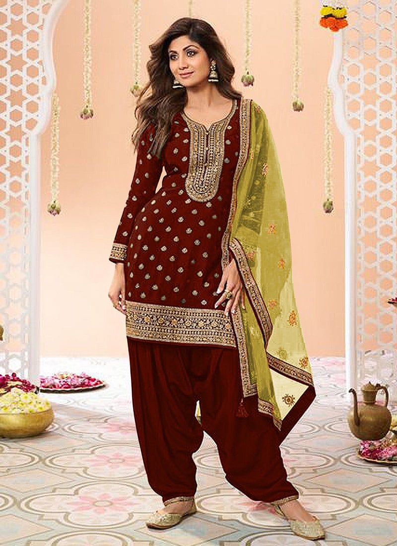 Shilpa Shetty Brown Jacquard Silk Embroidered Sequins Salwar Suit Festive Wear