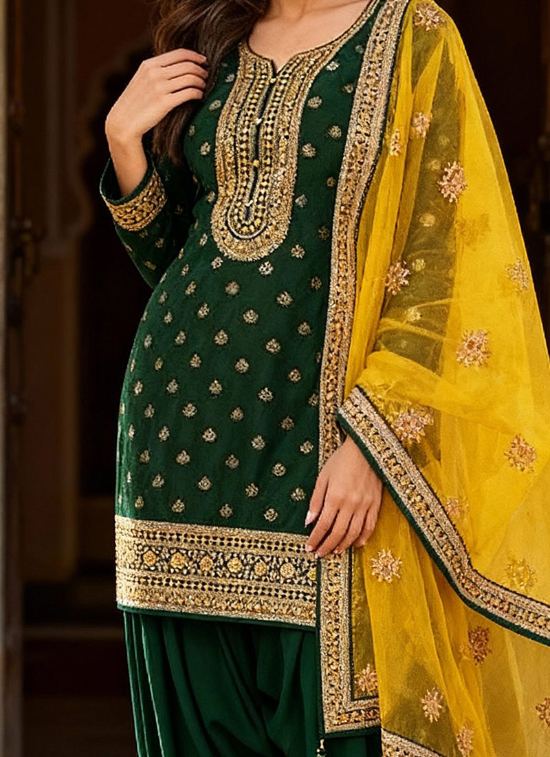 Soft Silk Dark Green Embroidered Wedding Festive Salwar Suit