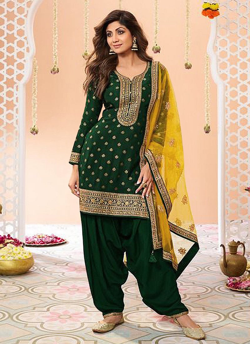 Shilpa Shetty Green Jacquard Silk Embroidered Sequins Salwar Suit Festive Wear