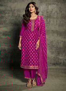 Shilpa Shetty Pink Art Silk Embroidered Straight Pant Suit