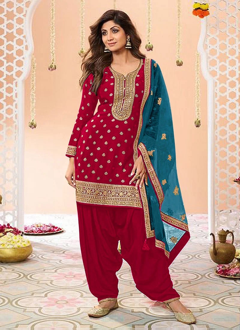 Shilpa Shetty Pink Jacquard Silk Embroidered Sequins Salwar Suit Festive Wear