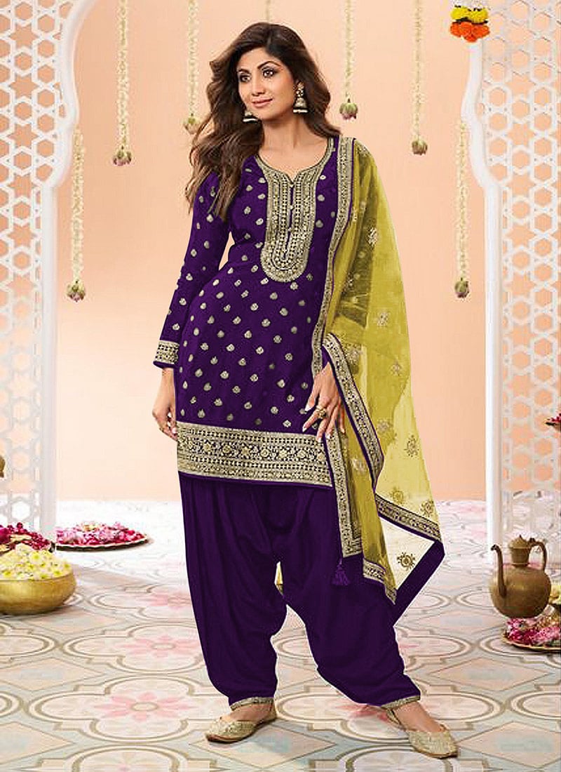 Shilpa Shetty Purple Jacquard Silk Embroidered Sequins Salwar Suit Festive Wear
