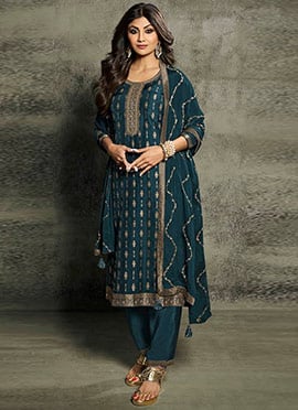 Shilpa Shetty Teal Art Silk Embroidered Straight Pant Suit