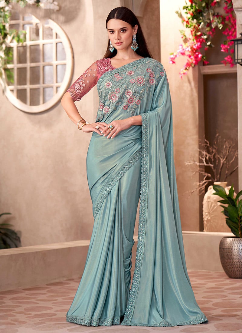 Shimmer Blue Crepe Silk Embroidered Sequins Cut Work Saree
