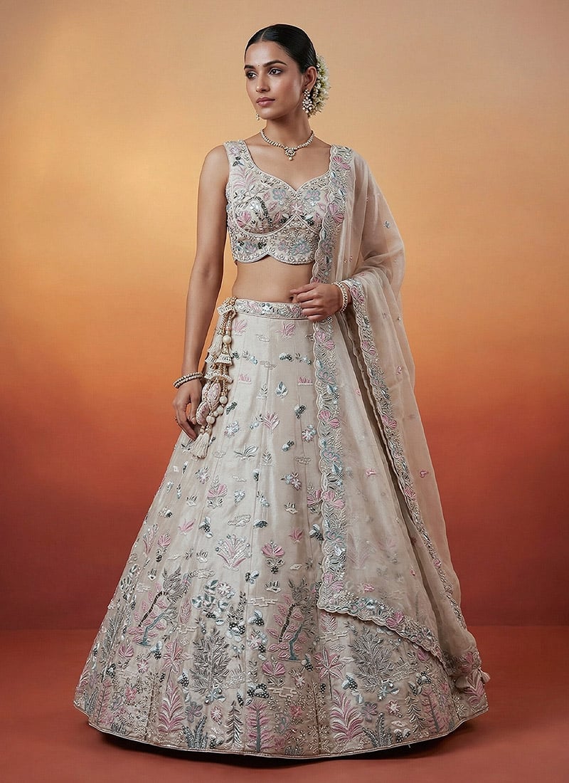 Shimmering Silver Organza Embroidered Umbrella Lehenga Wedding Wear