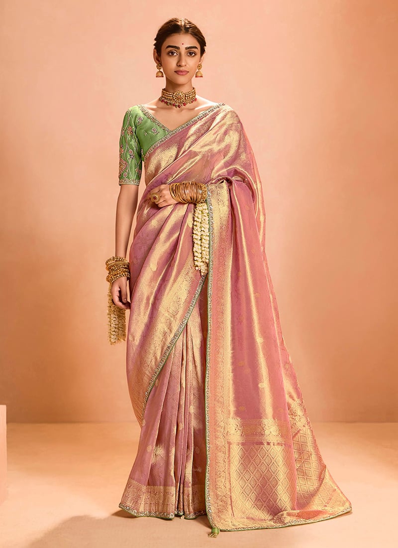 Shimmering Tradition Pink Tissue Silk Zari Embroidered Bead Sequins Saree Wedding Wear-SASCC3911407