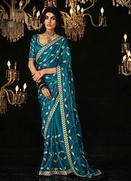 Shimmering Tradition Teal Blue Tissue Silk Zari Embroidered Sequins Saree