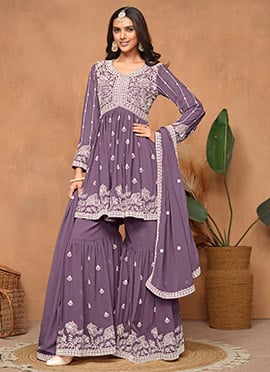 Shine Bright In Purple Georgette Embroidered Sequins Sharara Suit