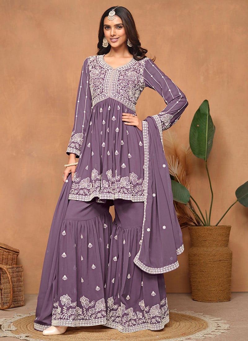 Shine Bright In Purple Georgette Embroidered Sequins Sharara Suit Festive Wear