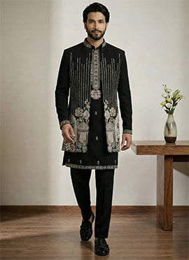 Signature Black Donear Satin Zari Embroidered Sequins Thread Indowestern Sherwani