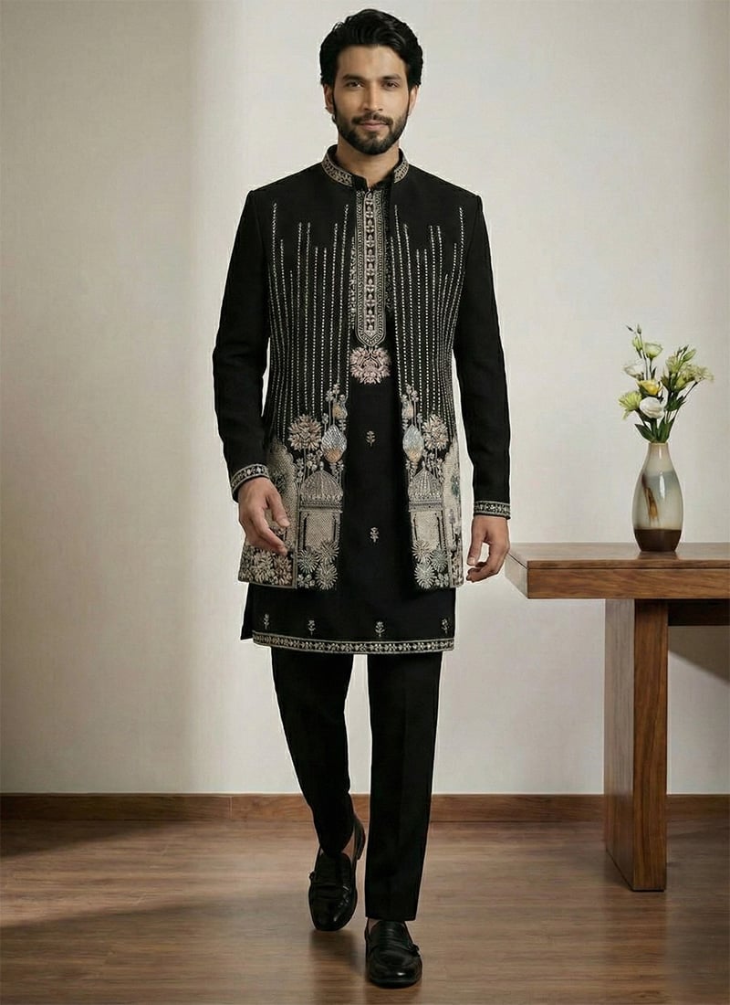 Signature Black Donear Satin Zari Embroidered Sequins Thread Indowestern Sherwani Wedding Wear