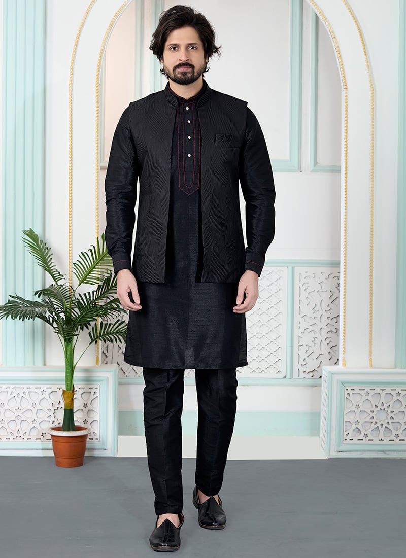 Signature Black Satin Blend Jacquard Bandhgala Jacket
