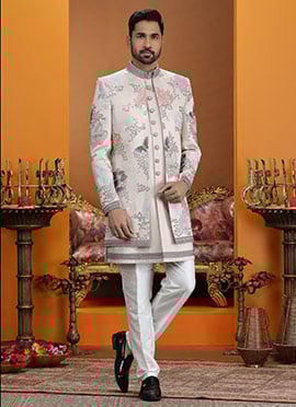 Signature Light Peach Silk Sequins Embroidered Thread Indowestern Sherwani